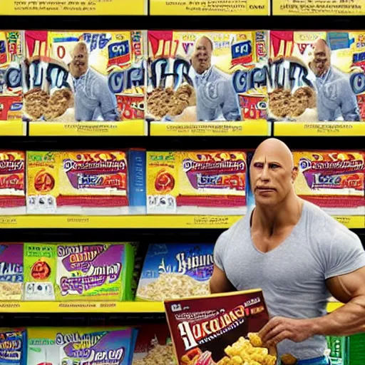 Image similar to dwayne the rock johnson breakfast cereal boxes on store shelf