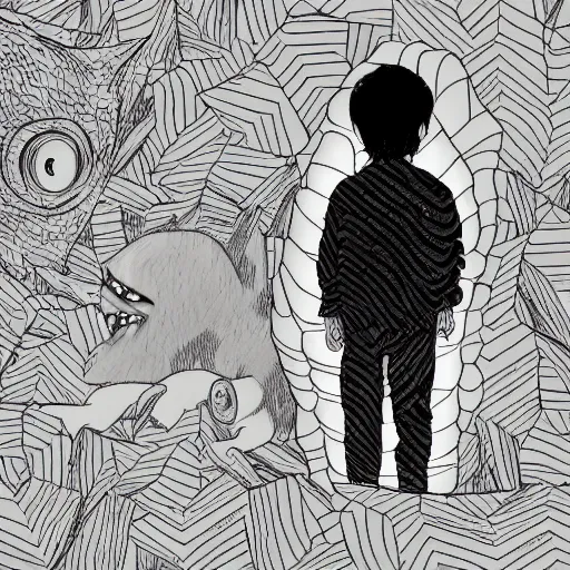 Image similar to child hiding from a monster, digital art, inspired by junji ito