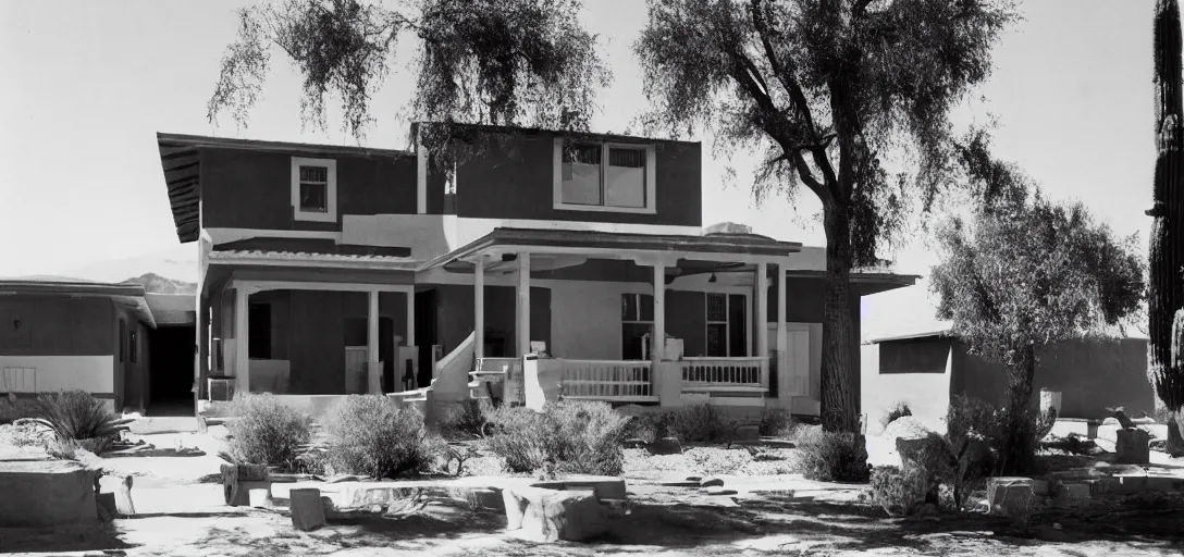 Image similar to single - family craftsman house in desert photographed by stanley kubrick.