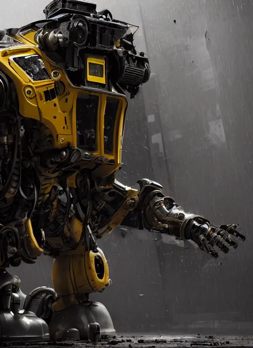 Image similar to a photorealistic dramatic hyperrealistic render of a futuristic exosuit power loader heavy machinery, ultra realistic details, glossy yellow, well worn, rust, oil stains by vitaly bulgarov and mike nash, beautiful dramatic dark moody tones and lighting, cinematic atmosphere, studio lighting, shadows, dark background, octane render, 8 k