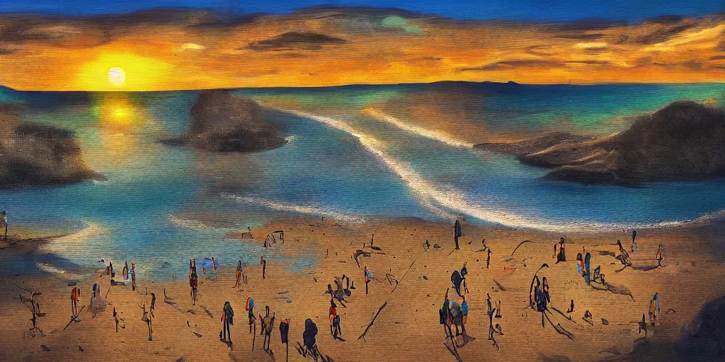 Image similar to People in beach, beach is between the two valleys, by Salvador Dali and Bob Ross collaboration, sun set, digital art, high details, drone wide shot