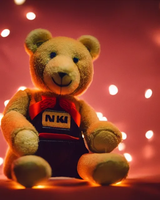 Prompt: high quality presentation night photo of an illuminated cute retro toy robot teddy bear, photography 4k, f1.8 anamorphic, bokeh, 4k, Canon, Nikon