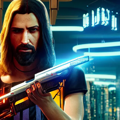 Image similar to Jesus in Cyberpunk 2077 with a pistol, Orthodox icon, handmade, wooden greek christian athos icon , concept art, unreal engine, 4k render, global illumination, blender, cycles, featured on artstation, pixiv