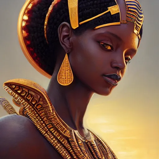 Image similar to highly detailed portrait of an african egyptian goddess, intricate alien technology, stephen bliss, unreal engine, fantasy art by greg rutkowski, loish, rhads, ferdinand knab, makoto shinkai and lois van baarle, ilya kuvshinov, rossdraws, tom bagshaw, global illumination, radiant light, detailed and intricate environment