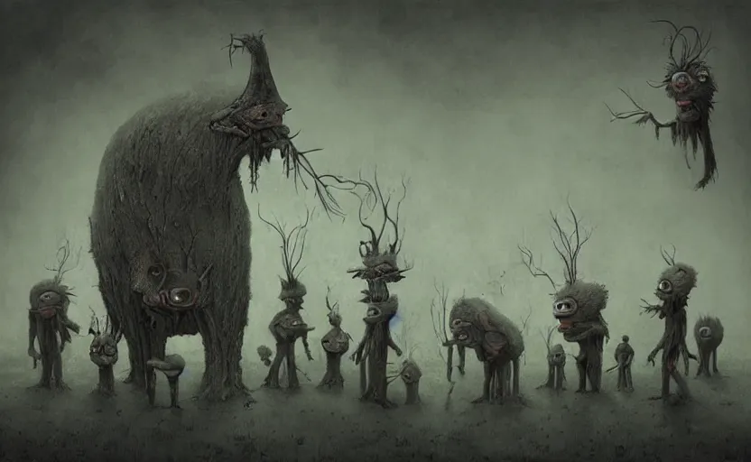 Prompt: a surreal painting of many bizarre otherworldly creatures standing in a small eerie village, by anton semenov and alex andreev