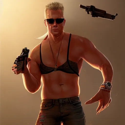 Prompt: full body shot of Duke Nukem 3D, handsome, sun glasses, intricate, red wife-beater, empty shells ejected from gun, cinematic lighting, highly detailed, digital painting, concept art, smooth, sharp focus, illustration, art by Artgerm and Greg Rutkowski, Cgsociety 9