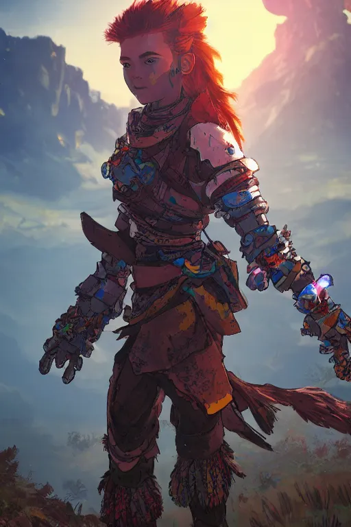 Image similar to combination suit armor aloy horizon forbidden west horizon zero dawn radiating a glowing aura global illumination ray tracing hdr fanart arstation by ian pesty and alena aenami artworks in 4 k tribal robot ninja mask helmet backpack