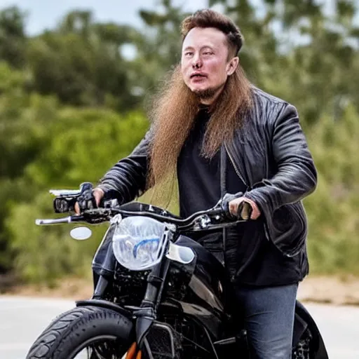 Prompt: elon musk wearing a long beard joining the mujahideen while riding a motorcycle, sharp focus, smooth, fine details