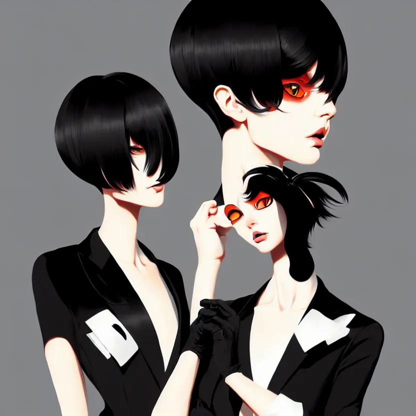 Image similar to a humanoid two cat, slim cruel business girl in tuxedo with black bob hair, elegant, 2 d, ultra highly detailed, digital painting, smooth, sharp focus, artstation, art by ilya kuvshinov!