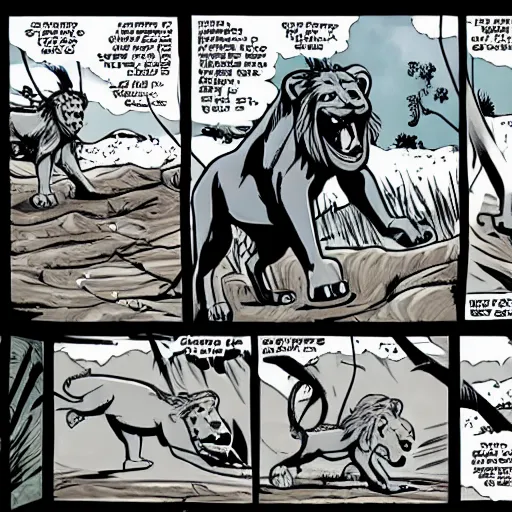 Image similar to a lion hunting an alien comic artstyle