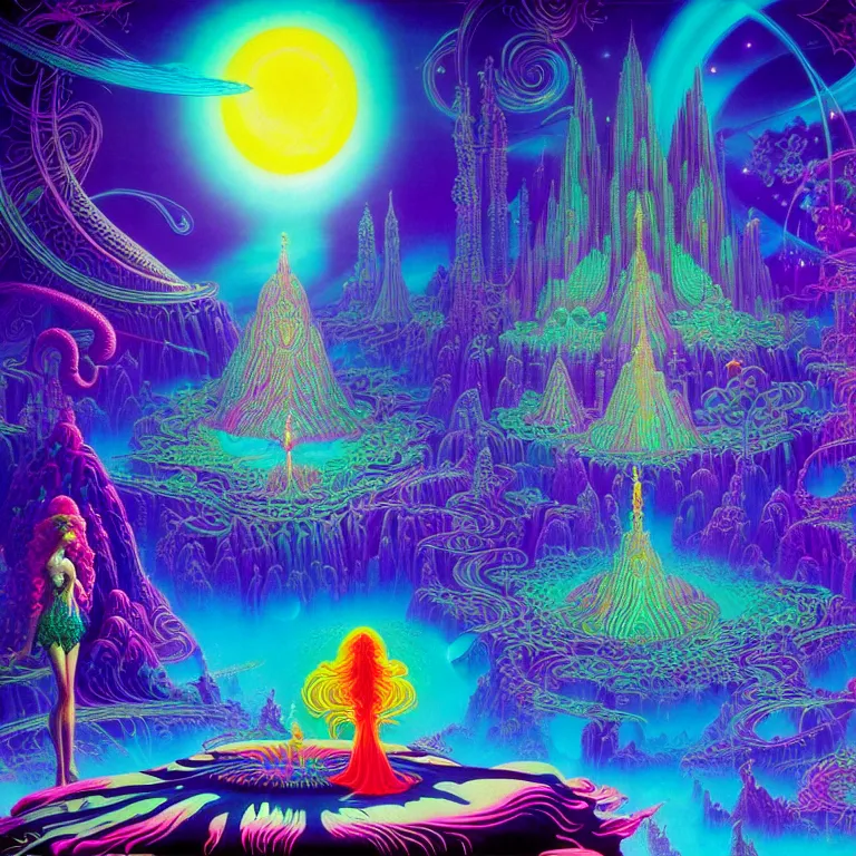 Image similar to mysterious cosmic girl over epic mystical crystal temple, infinite glissando, hallucinogenic waves, synthwave, bright neon colors, highly detailed, cinematic, eyvind earle, tim white, philippe druillet, roger dean, ernst haeckel, lisa frank, aubrey beardsley, kubrick