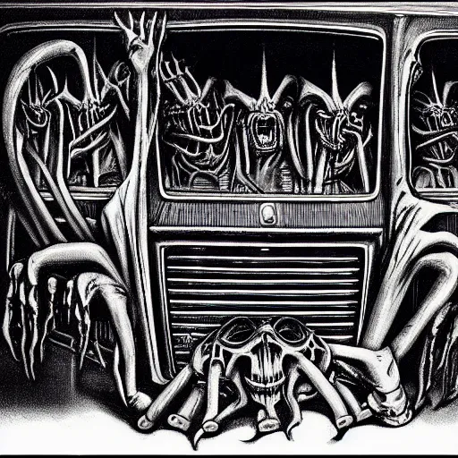 Prompt: an evil and grotesque school bus. h. r. giger, h. p lovecraft, surrealism