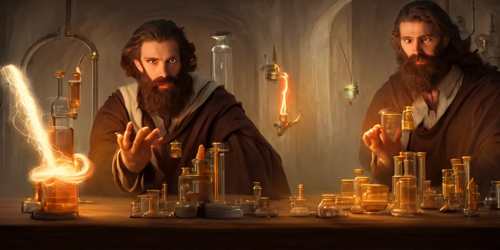 Image similar to a handsome bearded caucasian male sorcerer with brown hair he is casting a spell with flowing energy, he is in a alchemist lab filled with beakers and equipment, neutral pose, epic composition, 4 k, light rays, super coherent, by dave melvin 1. 0 | dan luvisi 2. 0 | greg rutkowski 0. 5