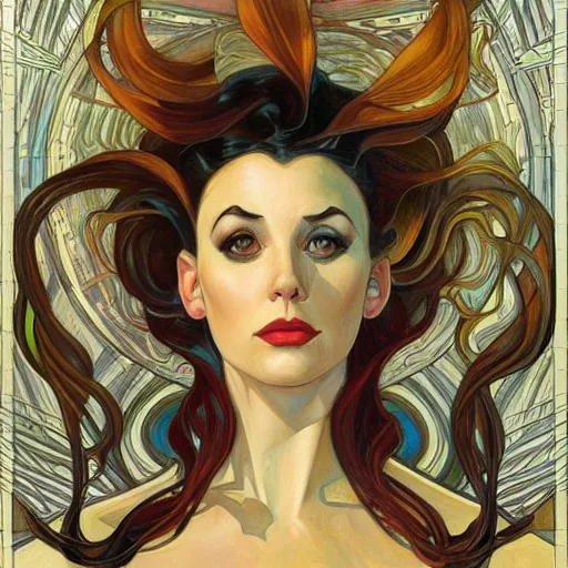 Image similar to a streamline moderne painting in the style of donato giancola, and in the style of charlie bowater, and in the style of alphonse mucha. symmetry, smooth, sharp focus, semi - realism, intricate detail.