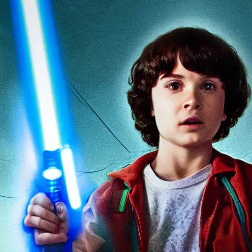 Prompt: Mike from Stranger Things wielding a blue lightsaber