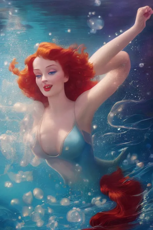 Prompt: sophie turner as the little mermaid underwater by Gil Elvgren Stanley Artgerm Lau, WLOP, James Jean, Andrei Riabovitchev, Marc Simonetti, Yoshitaka Amano, ArtStation, CGSociety, hair floating, bubbles vfx, cinematic lighting, god ray, starlit shining eyes, art nouveau