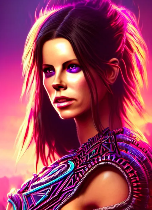 Image similar to hyper detailed ultra sharp aztec underworld warrior trance girl, cute, kate beckinsale. trending on artstation, warpaint aesthetic, earthwave, colorful, neon, ornate, intricate, digital painting, concept art, smooth, sharp focus, illustration, art by artgerm and greg rutkowski and h. r. giger, 8 k