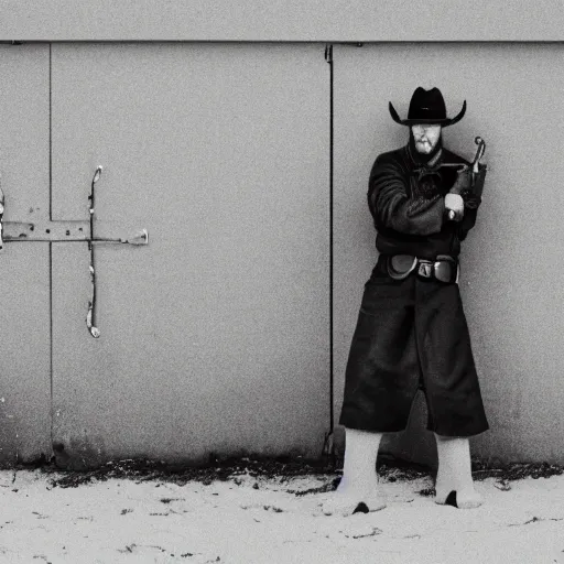 Prompt: gunslinger standing on a beach, a lone standing door