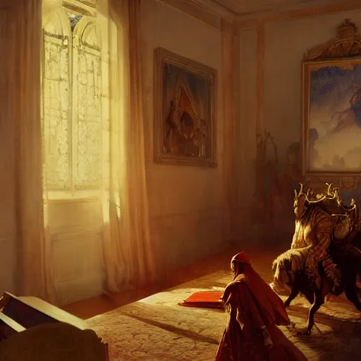 Image similar to the pope is in the papal bedroom, scared because a horned demon is attacking him. highly detailed painting by gaston bussiere, greg rutkowski, craig mullins 8 k