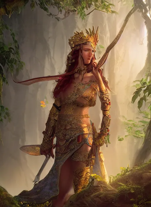 Image similar to Beautiful art portrait of a female fantasy godess warrior in a bright temple surrounded by lush forest, atmospheric lighting, intricate detail, cgsociety, hyperrealistic, octane render, RPG portrait, ambient light, dynamic lighting