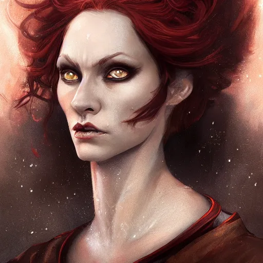 Image similar to a detailed matte head - on portrait painting of an middle - aged tiefling noblewoman with golden eyes and short long flowing red hair, by charlie bowater, lise deharme, wlop, tending on arstation, dungeons and dragon, dnd, pathfinder, fanart, oil on canvas