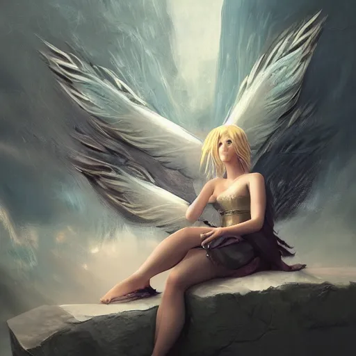 Image similar to a painting of a woman sitting on a ledge with wings, concept art by shingei, cgsociety contest winner, fantasy art, reimagined by industrial light and magic, angelic photograph, made of feathers