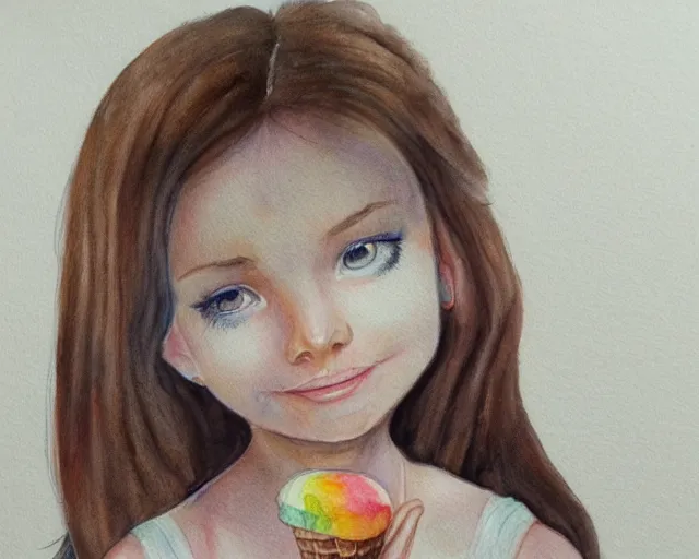 Image similar to a girl with the ice cream watercolor colored pencil painting trending on artstation