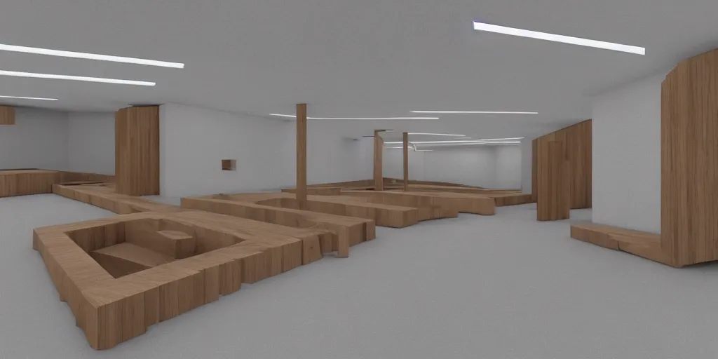 Image similar to a coloured 3 d octane model of a brutalism art gallery with wooden floor, highly detailed