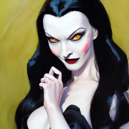 Image similar to greg manchess portrait painting of morticia from addams family as overwatch character, medium shot, asymmetrical, profile picture, organic painting, sunny day, matte painting, bold shapes, hard edges, street art, trending on artstation, by huang guangjian and gil elvgren and brom