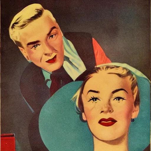 Prompt: “ portrait, couple, tin can, blonde, color vintage magazine illustration 1950”
