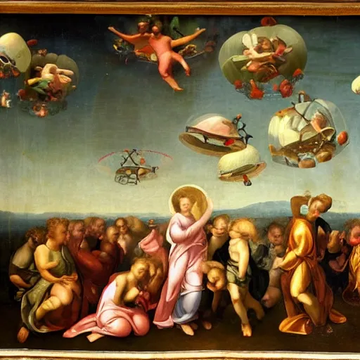 Image similar to a Renaissance painting with UFOs