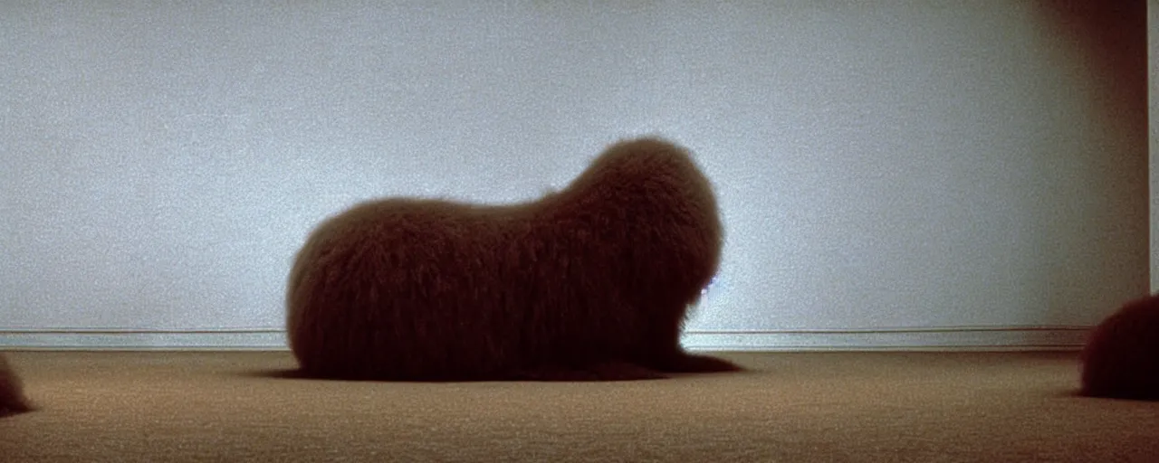 Image similar to a strange huge fluffy furry creature sits in the living room, film still from the movie directed by denis villeneuve with art direction by zdzisław beksinski, close up, telephoto lens, shallow depth of field