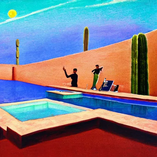 Image similar to full moon over a pool in a courtyard in the Sedona Arizona desert, people lounging, painting in the style of Max Ernst, incredible, 4k