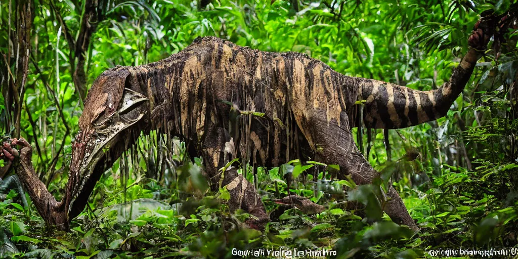 Image similar to yautja predator in sri lankan jungle, next to a river, extremely high fidelity