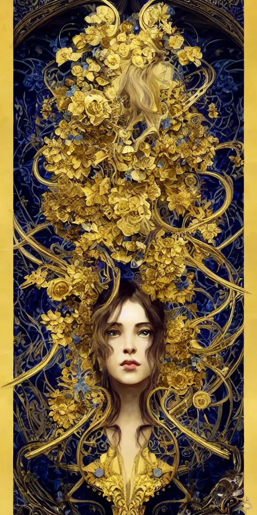 Image similar to black blue yellow, complicated gold and blue flowers the baroque style decoration, dark fantasy, intricate, elegant, highly detailed, digital painting, artstation, concept art, matte, 3 d 8 k octane rendered, sharp focus, illustration, octane rendered, art by artgerm and alphonse mucha, leesha hannigan