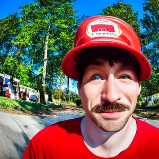 Prompt: a man dressed like a plumber with a red hat fish eye lens image