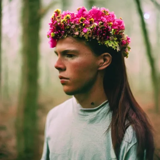 Prompt: close up kodak portra 4 0 0 photograph of a futuristic soldier in a flower crowd after the battle standing in dark forest, flower crown, moody lighting, telephoto, blurry background, faded