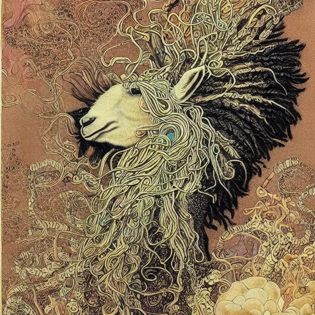 Image similar to llama with dreadlocks, beautiful colors, by otomo katsuhiro, ernst haeckel, james jean