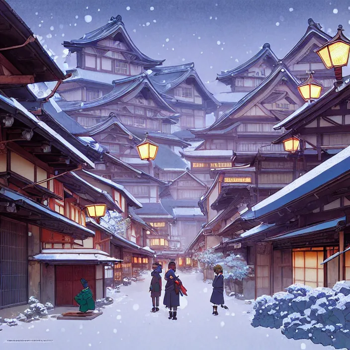 Image similar to japanese rural town, winter, in the style of studio ghibli, j. c. leyendecker, greg rutkowski, artem