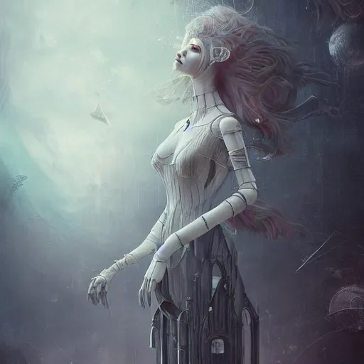 Prompt: detailed, sharp, dreaming humanoid gothic female automata floating above ruined dystopia by Anna Dittmann . digital art. surreal. featured on art station. HD, 8K, highly detailed, good lighting