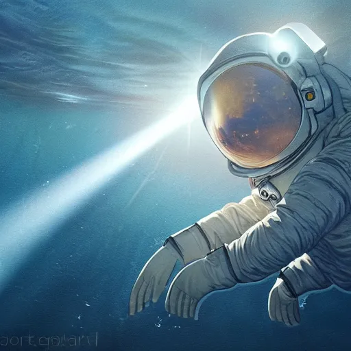 Image similar to an astronaut floating in the middle of deep underwater being hit by sun rays, trending on art station, atmosphere, concept art, photorealistic, high detailed