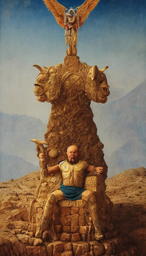 Image similar to the emperor with the head of a ram wearing full body armor, at the top of a barren mountain, golden taurus, mars energy, ankh, wisdom, full body shot, sitting on a stone throne, agostino arrivabene