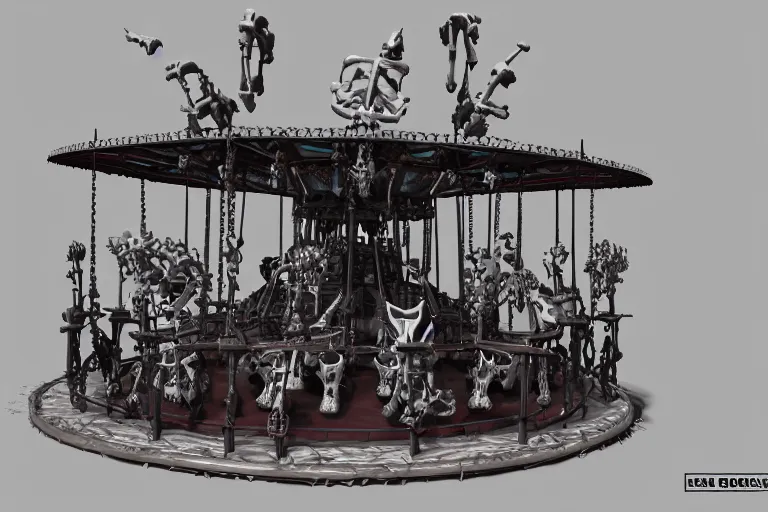 Image similar to 3d sculpt of an evil ironwork carousel made of bones and skulls, artstaton, League of Legends, red dead redemption2, overwatch, digital illustration