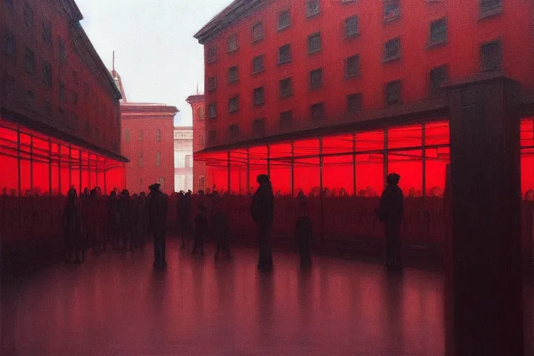 Image similar to only with red, crowd delirious at the sight of a painting, in a city square, in the style of beksinski, parts by edward hopper, parts by rodcenko, parts by yue minjun, intricate and epic composition, red by caravaggio, insanely quality, highly detailed, masterpiece, red light, artstation, 4 k