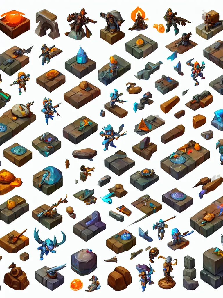 Prompt: isometric character sprite sheet, crispy, rotated left right front back, in gouache detailed paintings, props, stylized, 2 d sprites asset sheet, kitbash, arcane, prop rocks, overwatch, many color scheme, 8 k, close up, white background