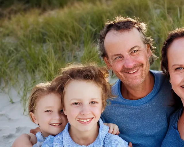 Image similar to portrait of a happy family at the beach, outdoor lighting, photo by annie leibovitz, realistic, smooth face, perfect eyes, wide angle, sharp focus