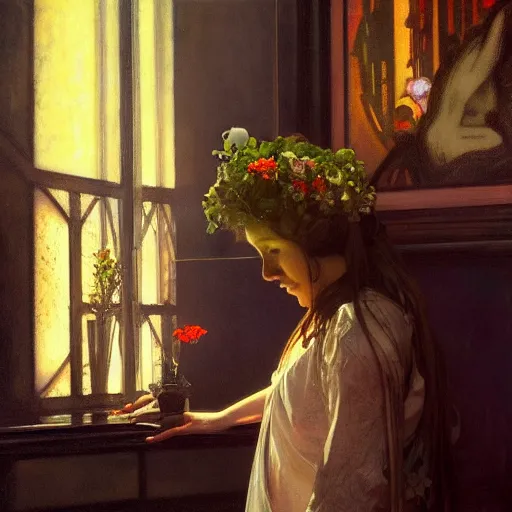 Image similar to girl filling a vase with a magical liquid, the girl is observed by the moiras in a trial. by jeremy mann and alphonse mucha, photo realistic, dynamic lighting, artstation, poster, volumetric lighting, highly detailed faces, 4 k, award winning