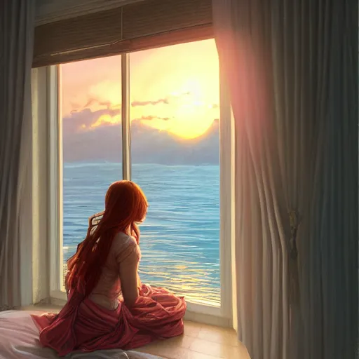 Image similar to woman looking out the window to a beautiful sunset, water view, intricate, highly detailed, digital painting, artstation, concept art, smooth, sharp focus, illustration, Unreal Engine 5, 8K, art by artgerm and greg rutkowski and alphonse mucha