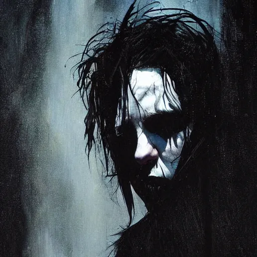 Prompt: stunning portrait of gaunt christian bale a ( the cure fan ) as dream from sandman, dim stars as eyes, by jeremy mann, by cedric peyravernay, by by russ mills, by richard avedon and ben templesmith, dramatic lightning, sadness, dark eye sockets, in the shadows, punk rock, gothic, high detailed, 8 k