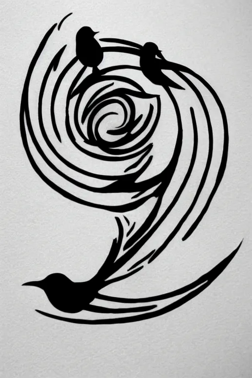 Image similar to a simple tattoo design of birds flying in a 8 spiral, black ink, logo